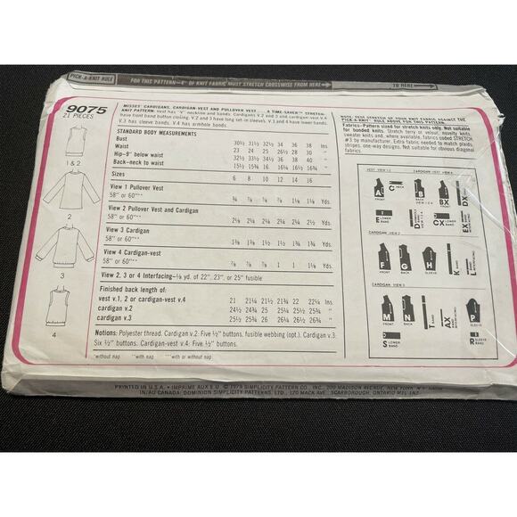 Simplicity 9075 Cardigan Vest Pullover Vest Misses Size 12-16 Vintage Pattern - Picture 2 of 2